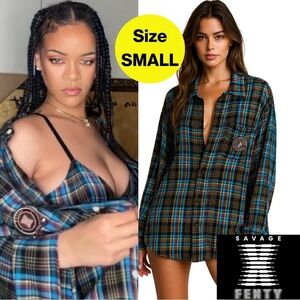 SAVAGE x FENTY 💙 Blue & Brown Plaid Men's Shirt (Size Small)